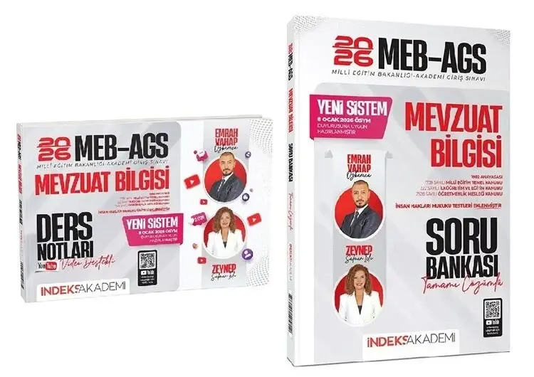 YENİ AGS SİSTEMİ - İndeks Akademi 2026 MEB-AGS Mevzuat Bilgisi Video Ders Notları + Soru Bankası 2 li Set - Emrah Vahap Özkaraca, Zeynep Salman İçli İndeks Akademi Yayıncılık